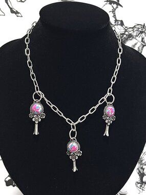 Western Cotton Candy Pink Stone Charm Necklace Silver Boho 18” NEW Cowgirl Style